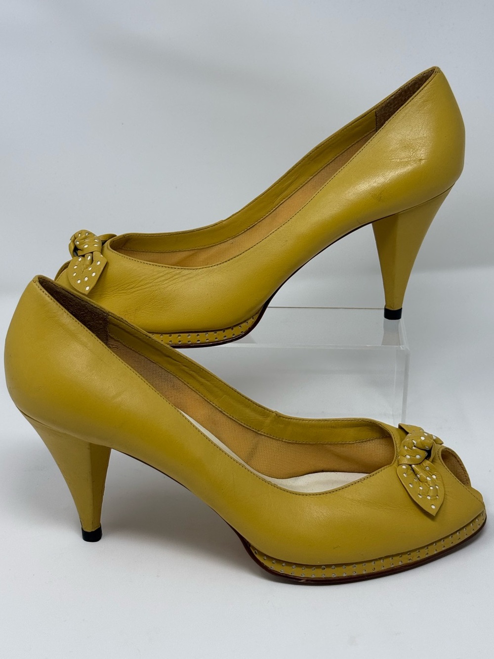 Nine West dijon/mustard yellow leather peep-toe pumps